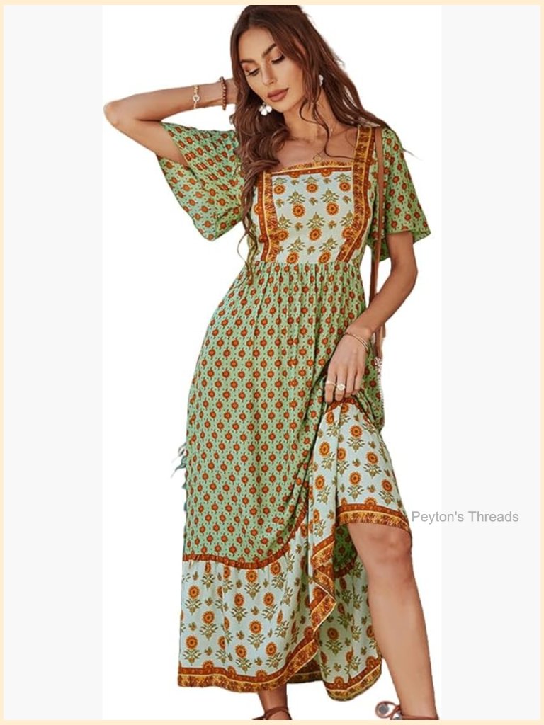 Boho Floral Print Square Neck Beach Party Flowy Ruffle Midi Dress